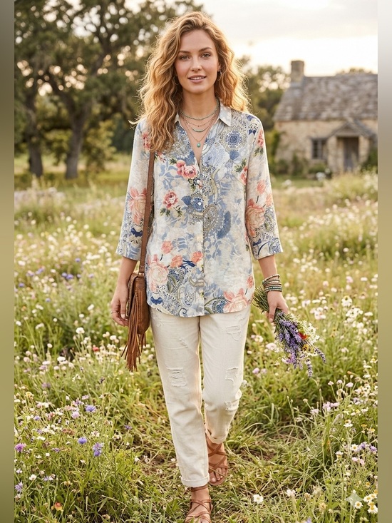 Chico's Tops - Chico's 100% linen Blue, Coral , Cream Paisley Floral Button-Down Shirt size 12